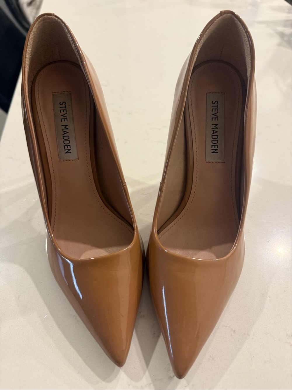 Steve Madden Patent Pointed-Toe Pumps in Tan